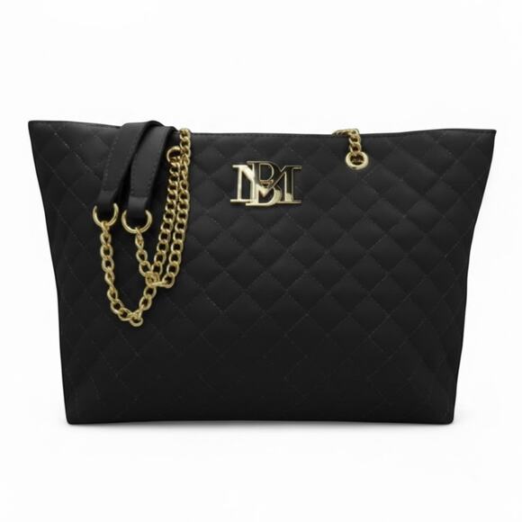 Badgley Mischka Large Tote Bag Quilted Gold Chain Accent New With Tags - Picture 1 of 7